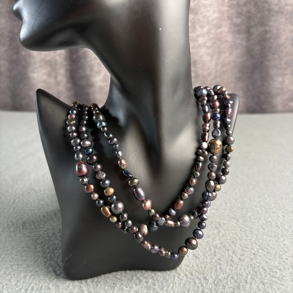 JTV 3pc Black Cultured Freshwater Pearl 36 Inch Endless Strand Necklace Set